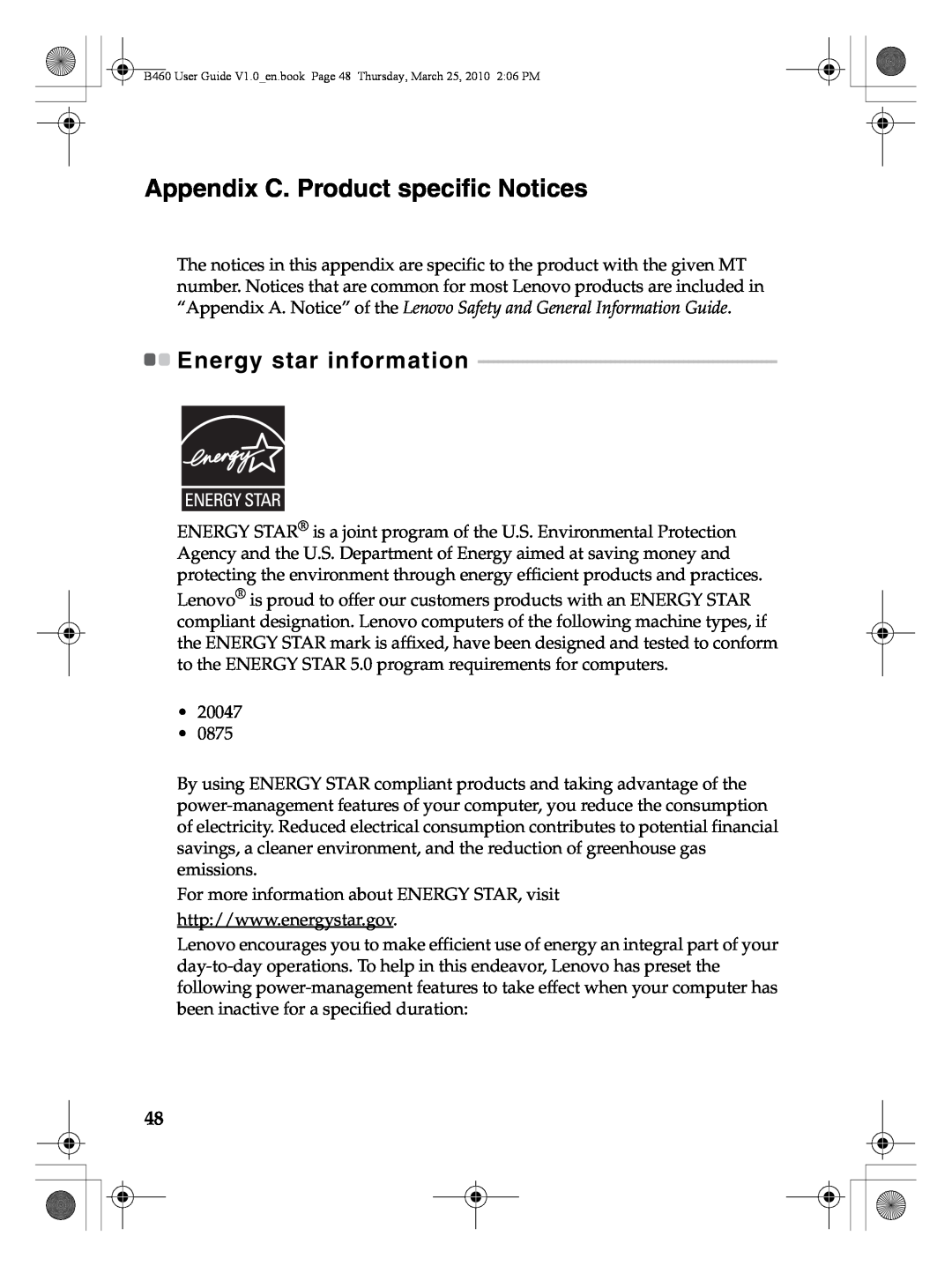 Lenovo B460 manual Appendix C. Product specific Notices, Energy star information 