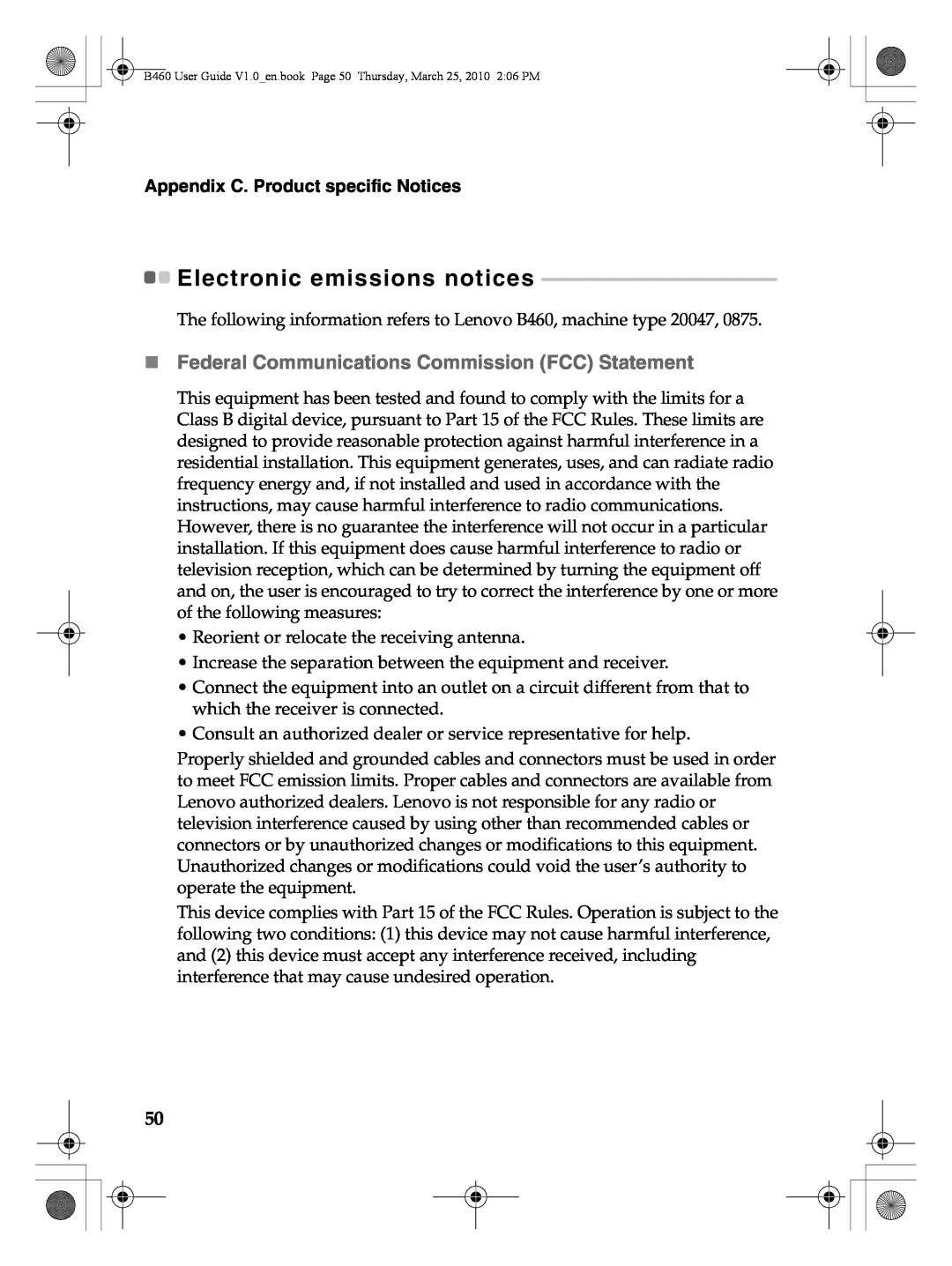 Lenovo B460 manual Electronic emissions notices, „ Federal Communications Commission FCC Statement 