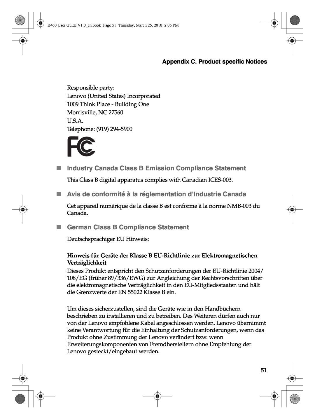 Lenovo B460 manual „ Industry Canada Class B Emission Compliance Statement, „ German Class B Compliance Statement 