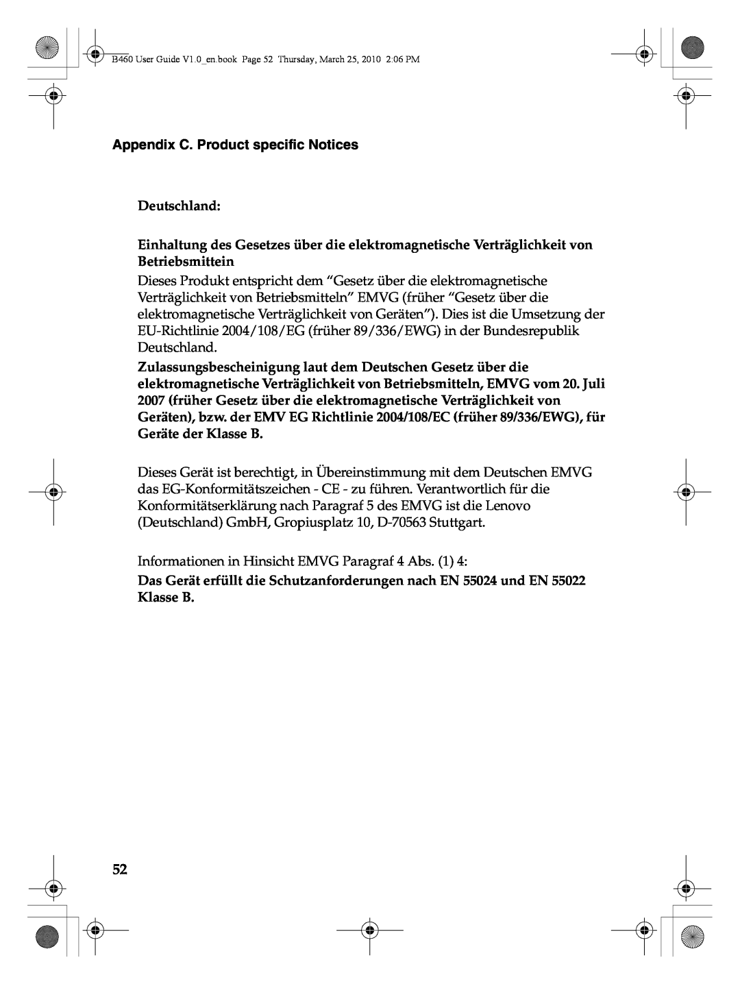 Lenovo B460 manual Appendix C. Product specific Notices, Deutschland 