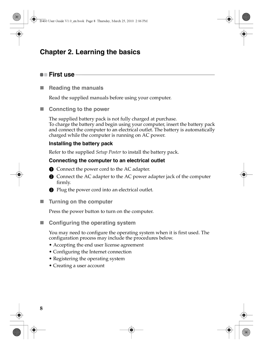 Lenovo B460 Learning the basics, „ Reading the manuals, „ Conncting to the power, „ Turning on the computer 