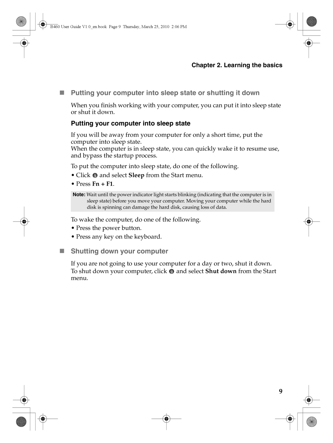 Lenovo B460 manual „ Shutting down your computer, Putting your computer into sleep state, Learning the basics 