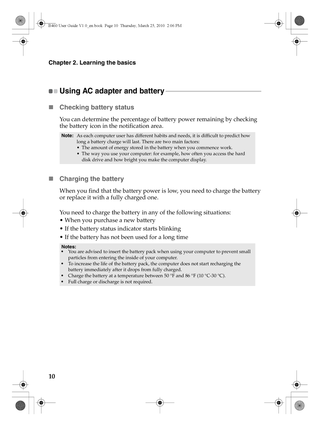 Lenovo B460 manual Using AC adapter and battery, „ Checking battery status, „ Charging the battery 