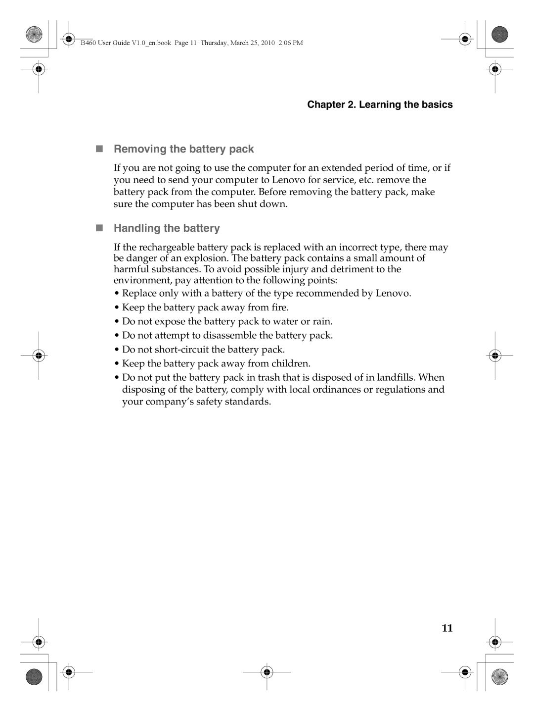 Lenovo B460 manual „ Removing the battery pack, „ Handling the battery 