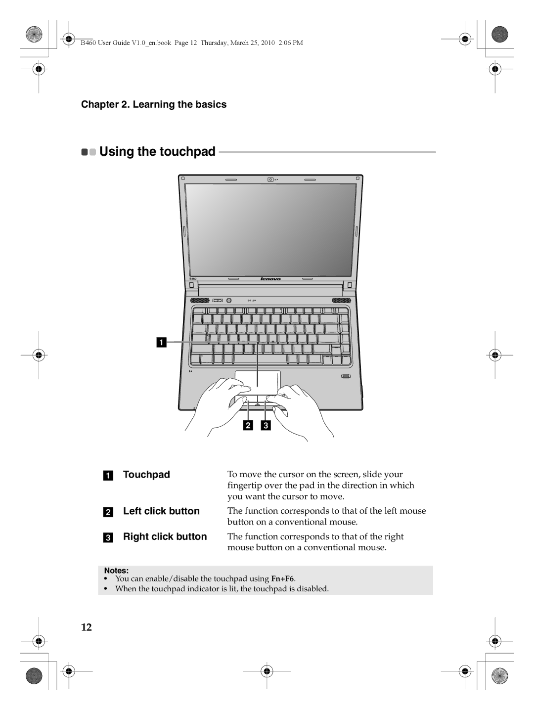 Lenovo B460 manual Using the touchpad, Touchpad 