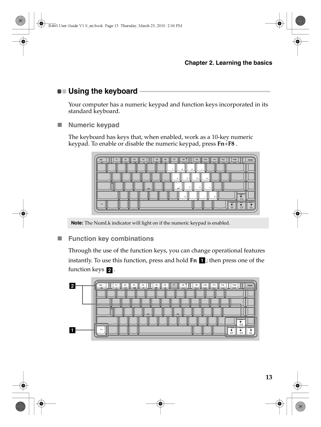 Lenovo B460 manual Using the keyboard, „ Numeric keypad, „ Function key combinations 