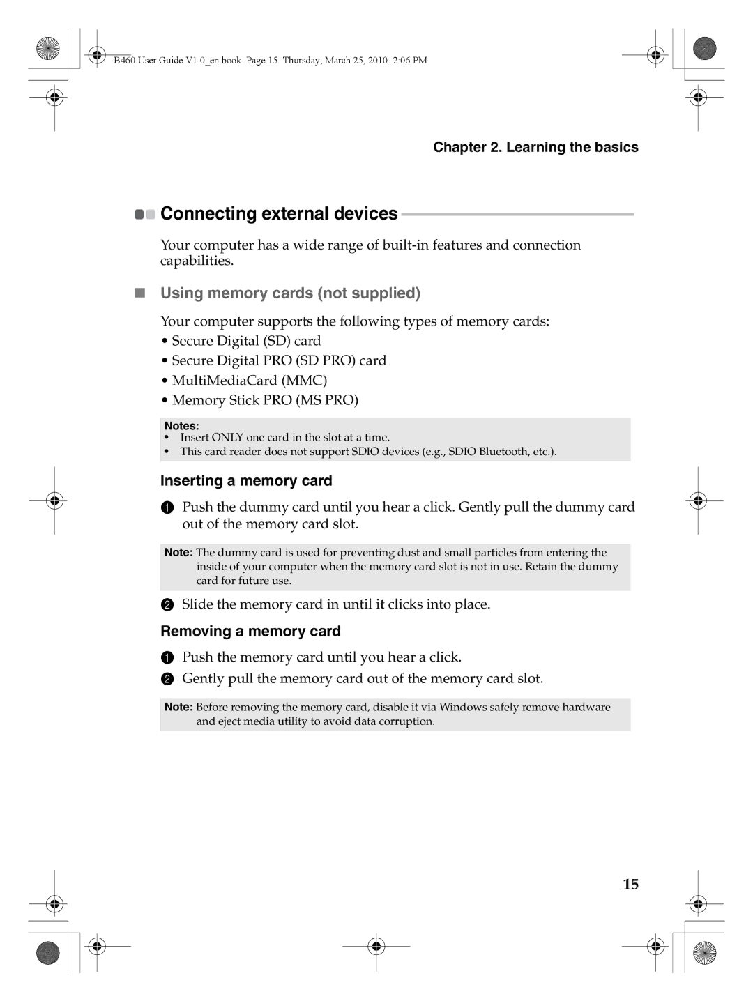 Lenovo B460 manual Connecting external devices, „ Using memory cards not supplied, Inserting a memory card 