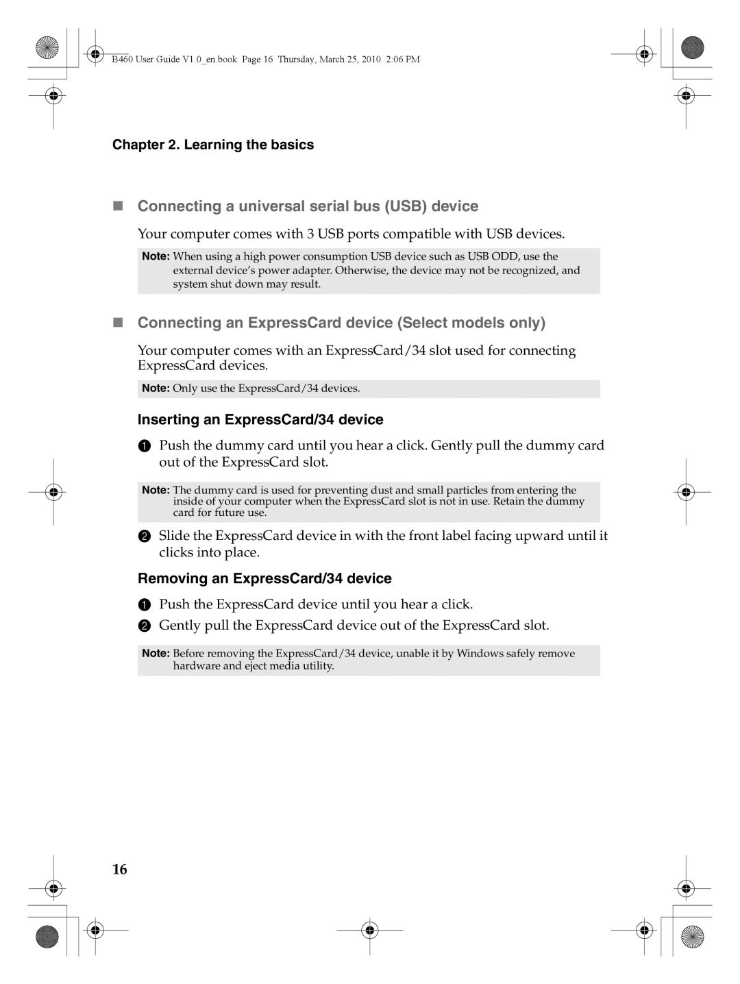 Lenovo B460 manual „ Connecting a universal serial bus USB device, „ Connecting an ExpressCard device Select models only 