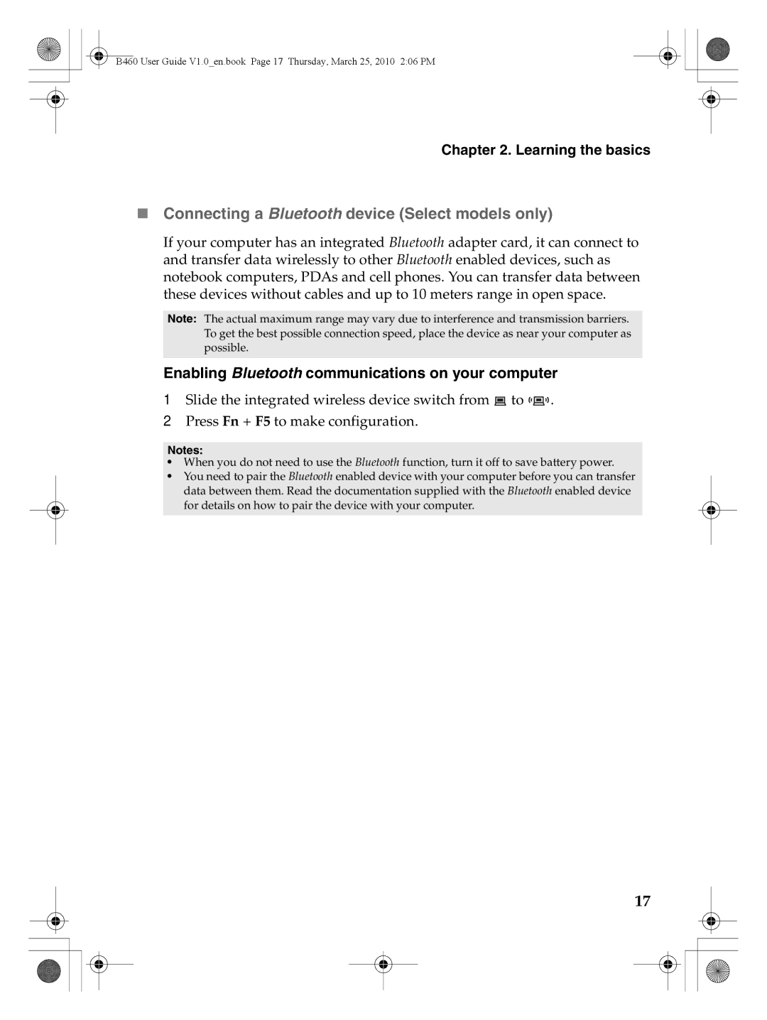 Lenovo B460 manual „ Connecting a Bluetooth device Select models only, Enabling Bluetooth communications on your computer 