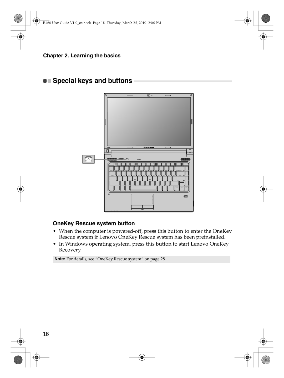 Lenovo B460 manual Special keys and buttons, OneKey Rescue system button 