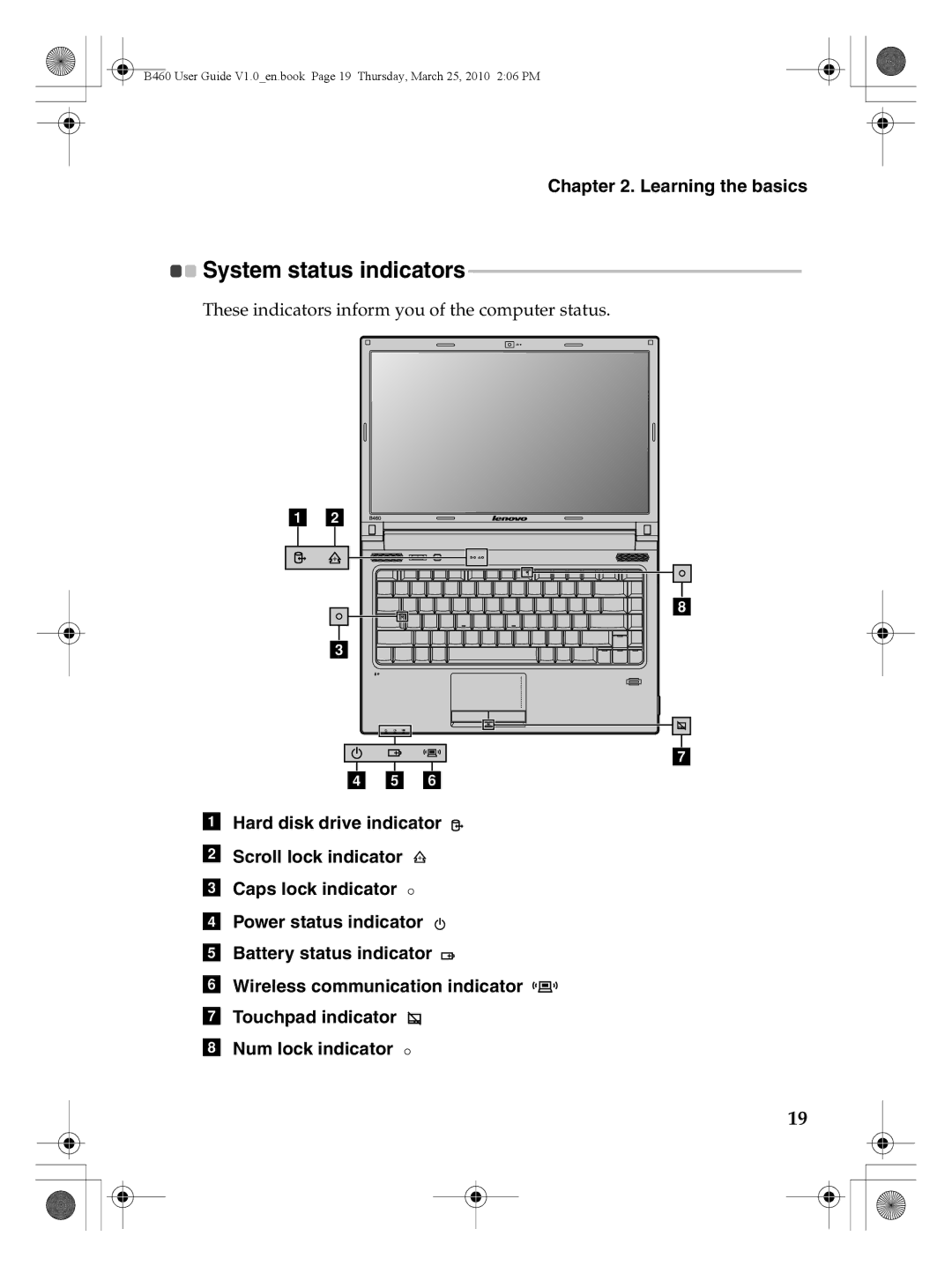 Lenovo B460 manual System status indicators 