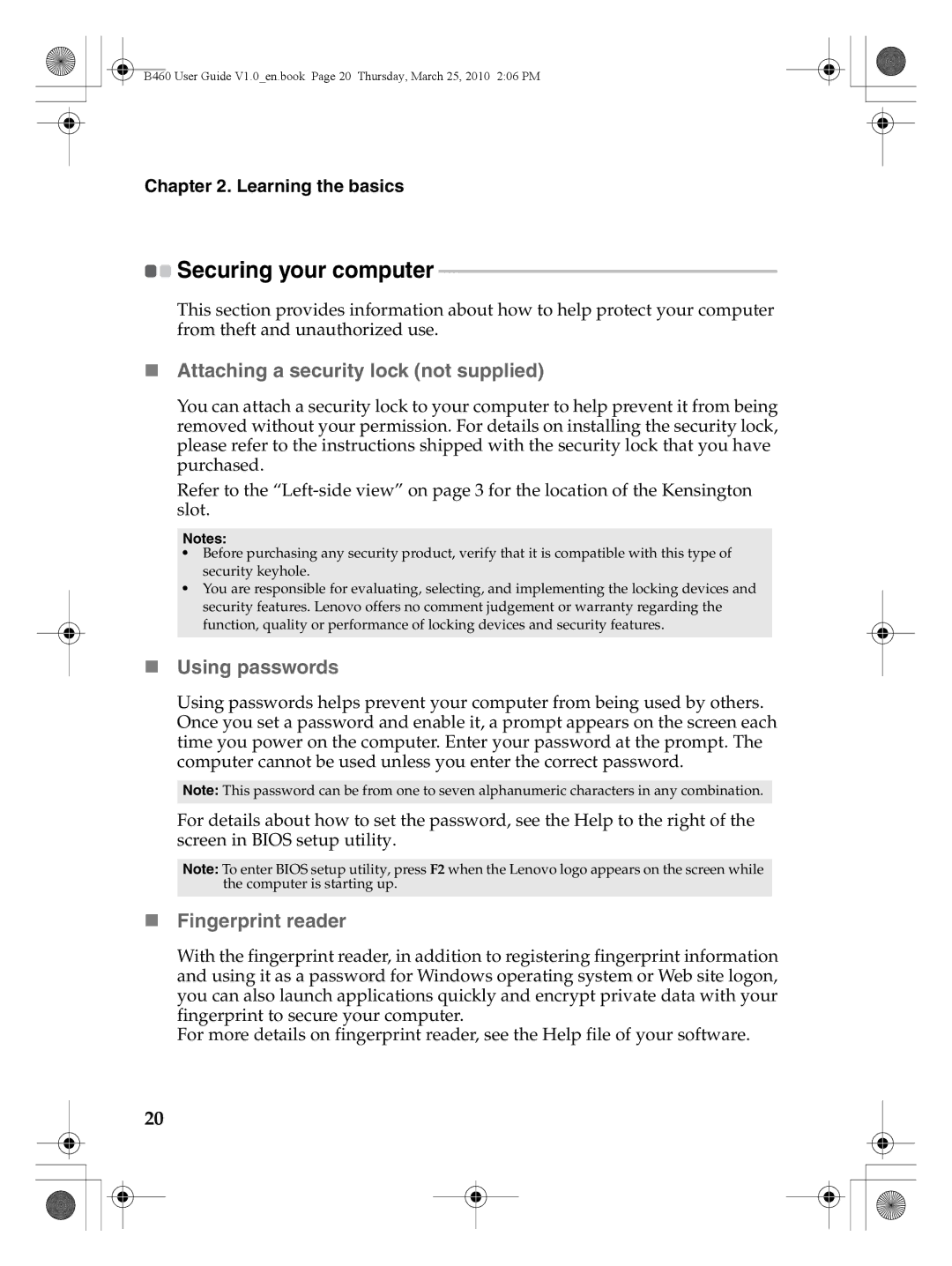 Lenovo B460 Securing your computer, „ Attaching a security lock not supplied, „ Using passwords, „ Fingerprint reader 