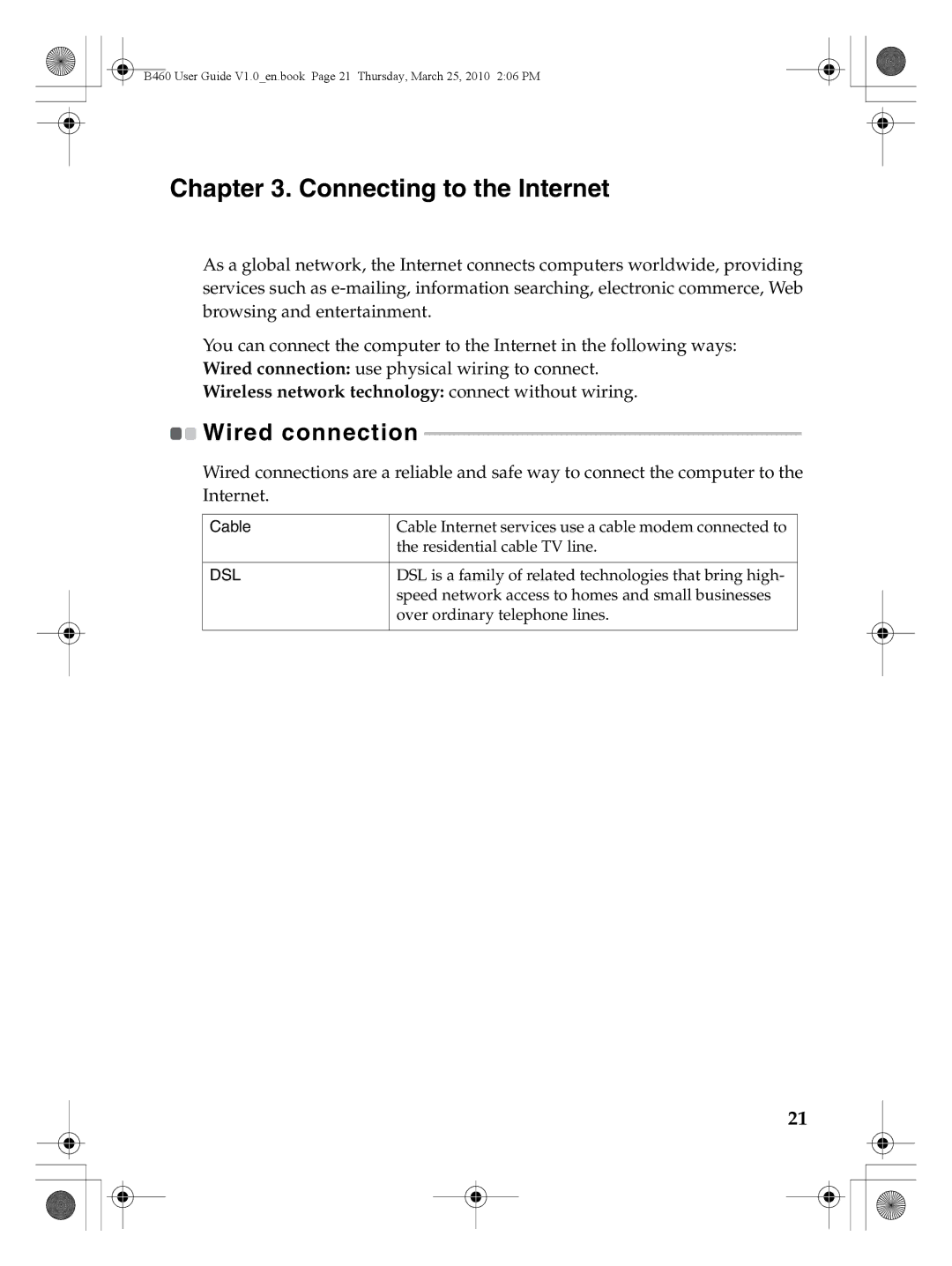 Lenovo B460 manual Connecting to the Internet, Wired connection 