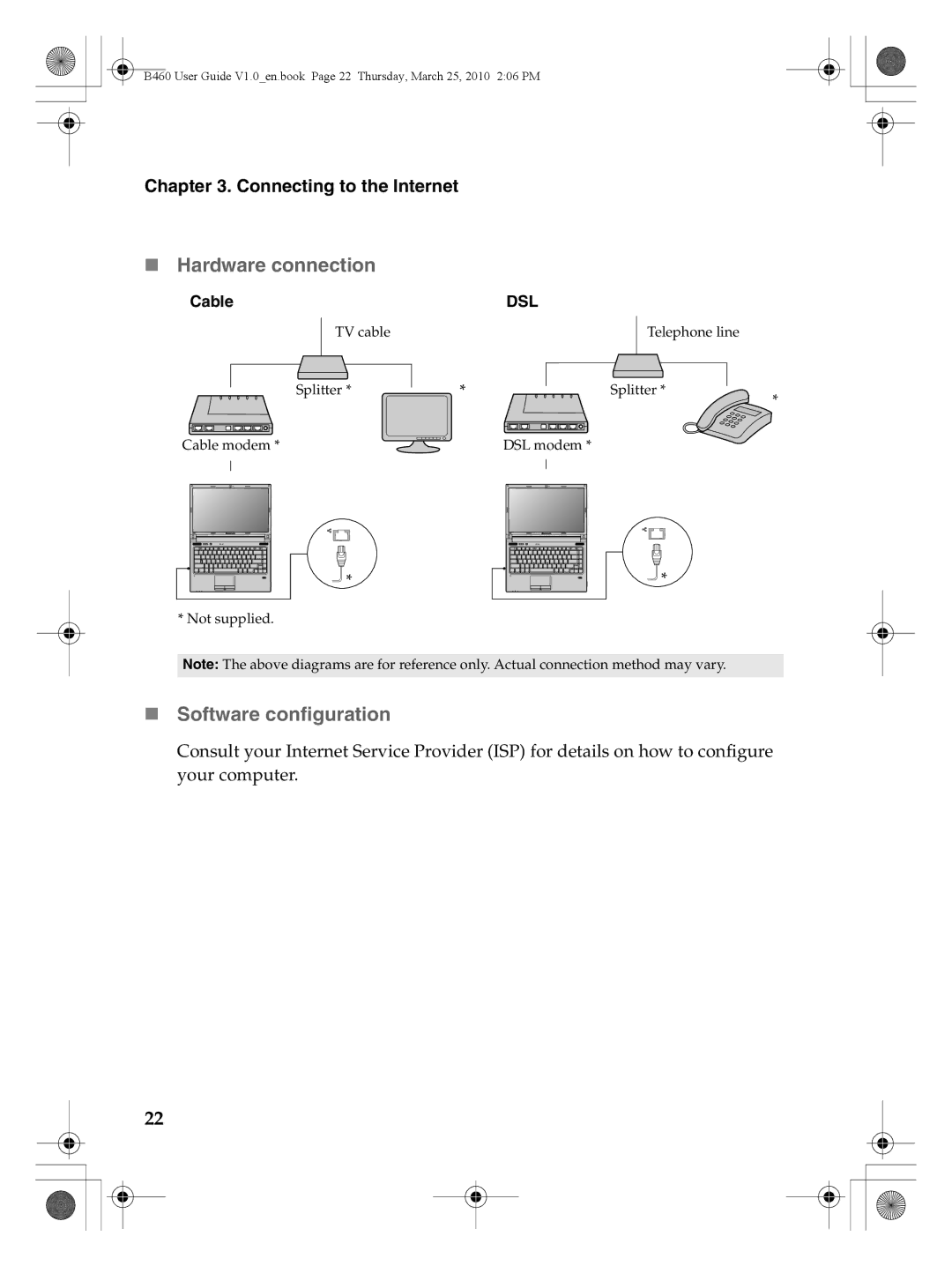 Lenovo B460 manual „ Hardware connection, „ Software configuration, Connecting to the Internet 