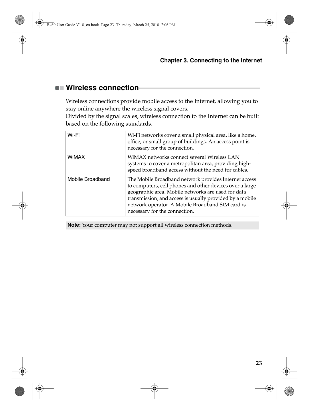 Lenovo B460 manual Wireless connection, Wi-Fi 