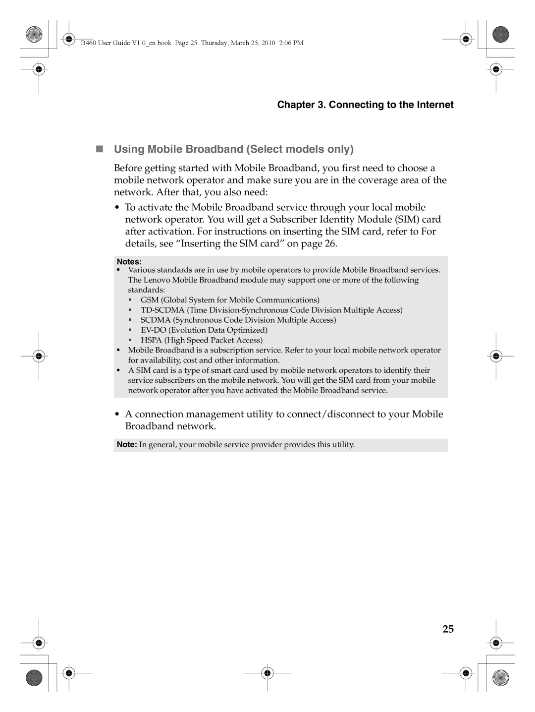 Lenovo B460 manual „ Using Mobile Broadband Select models only 