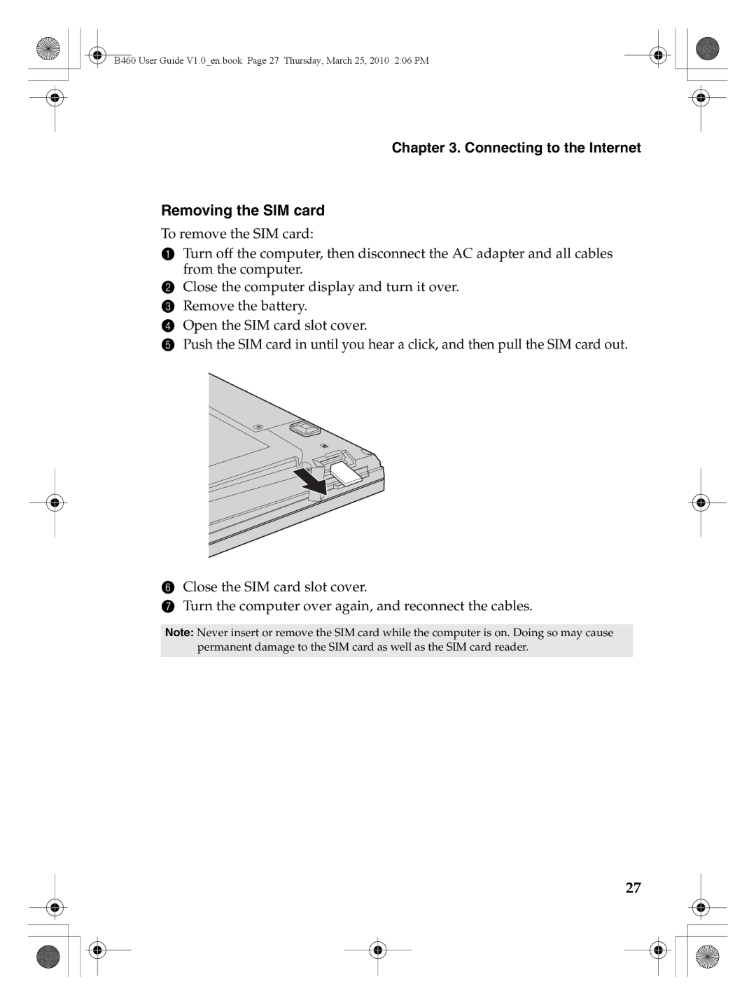 Lenovo B460 manual Removing the SIM card 