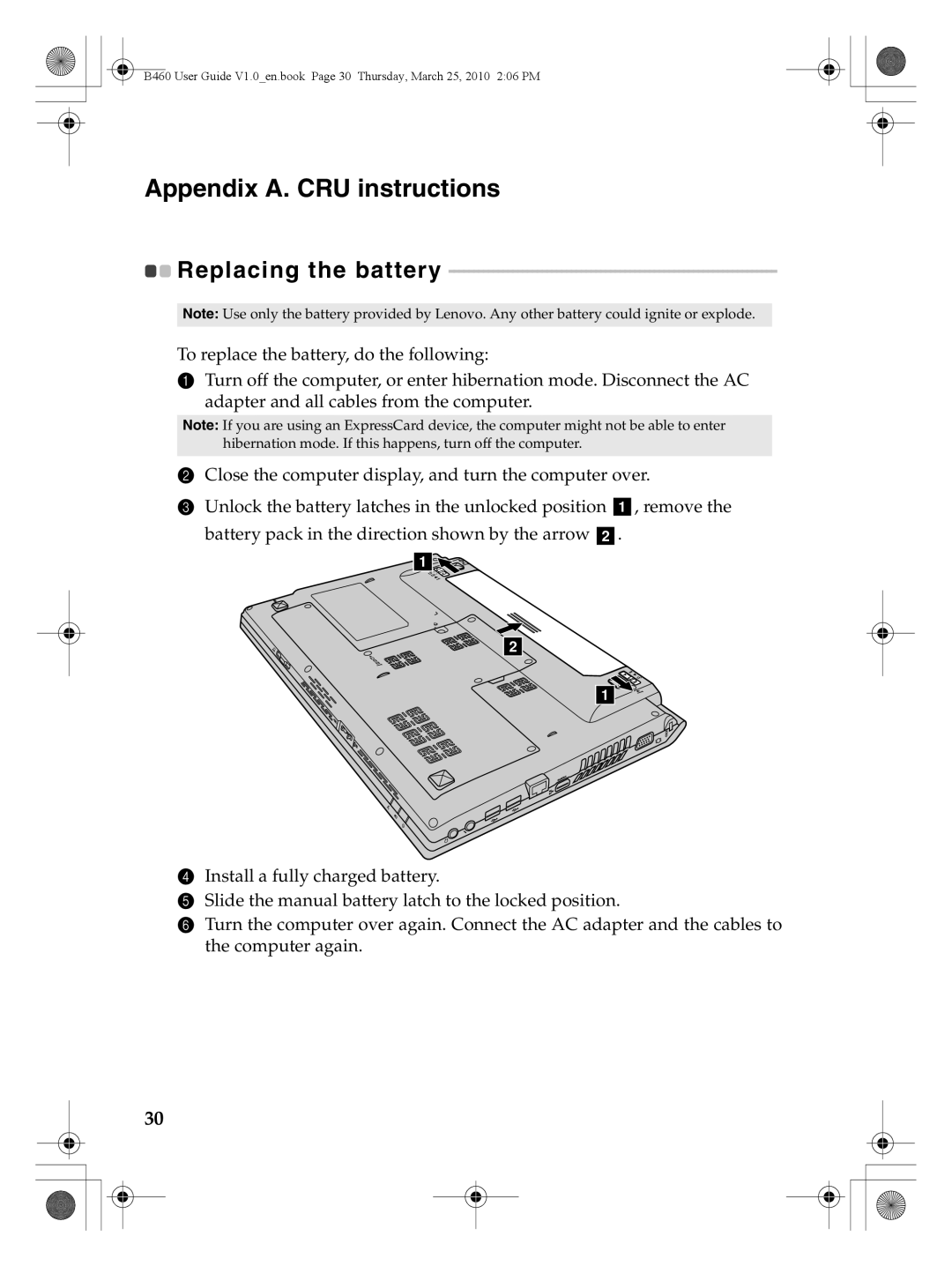 Lenovo B460 manual Appendix A. CRU instructions, Replacing the battery 