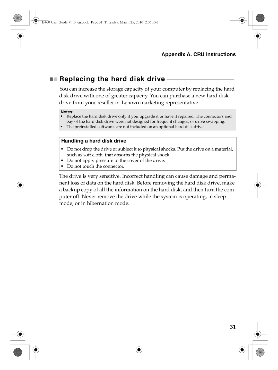 Lenovo B460 manual Appendix A. CRU instructions, Handling a hard disk drive 