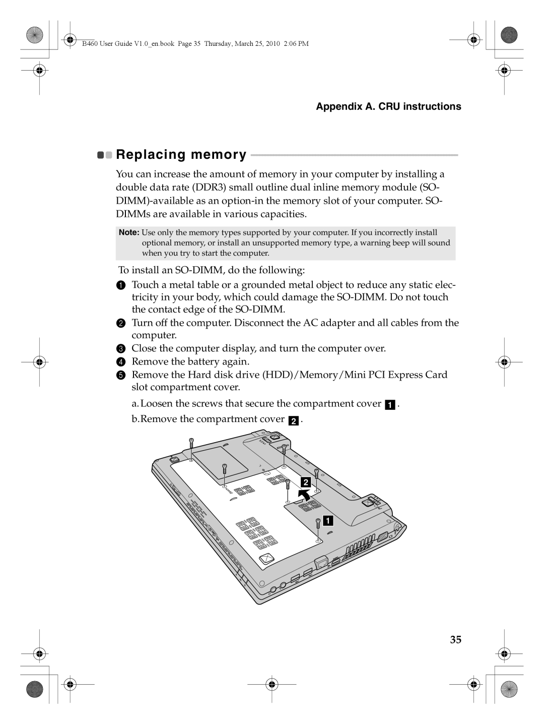 Lenovo B460 manual Replacing memory 