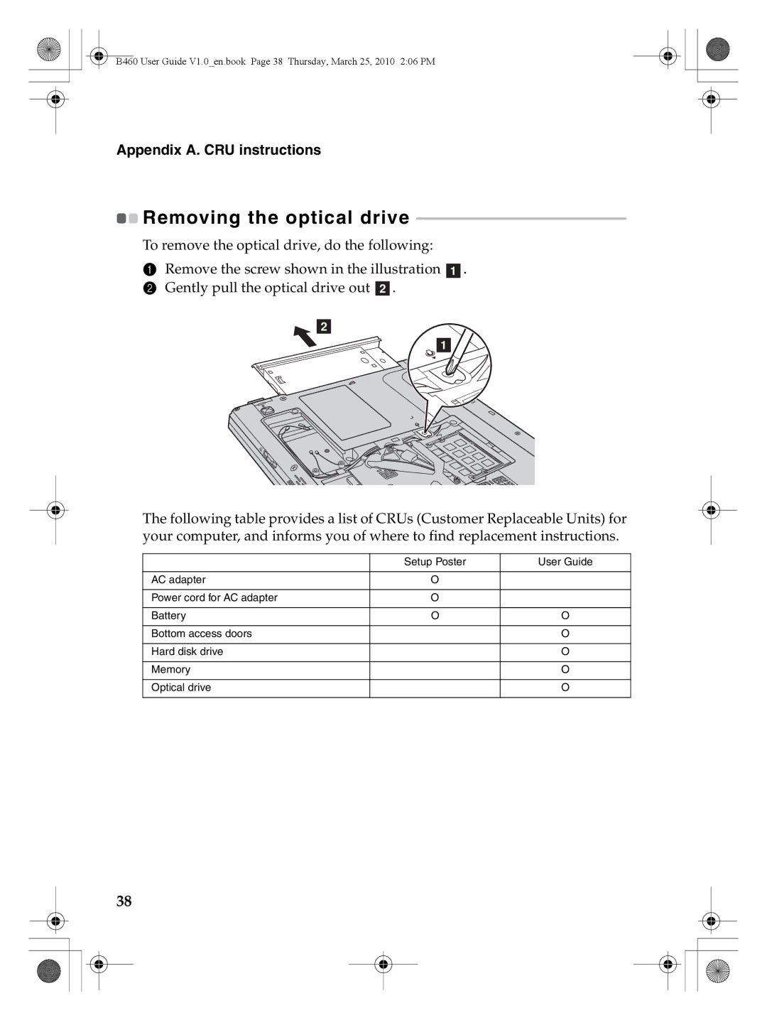 Lenovo B460 manual Removing the optical drive 