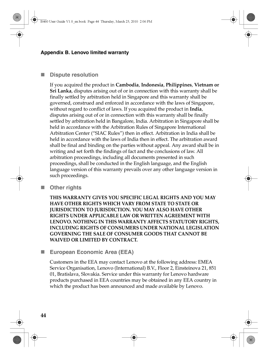 Lenovo B460 manual „ Dispute resolution, „ Other rights, „ European Economic Area EEA 