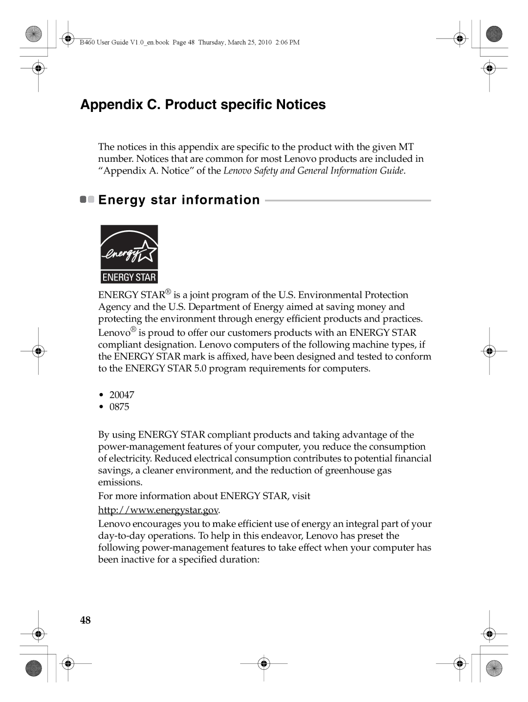 Lenovo B460 manual Appendix C. Product specific Notices, Energy star information 