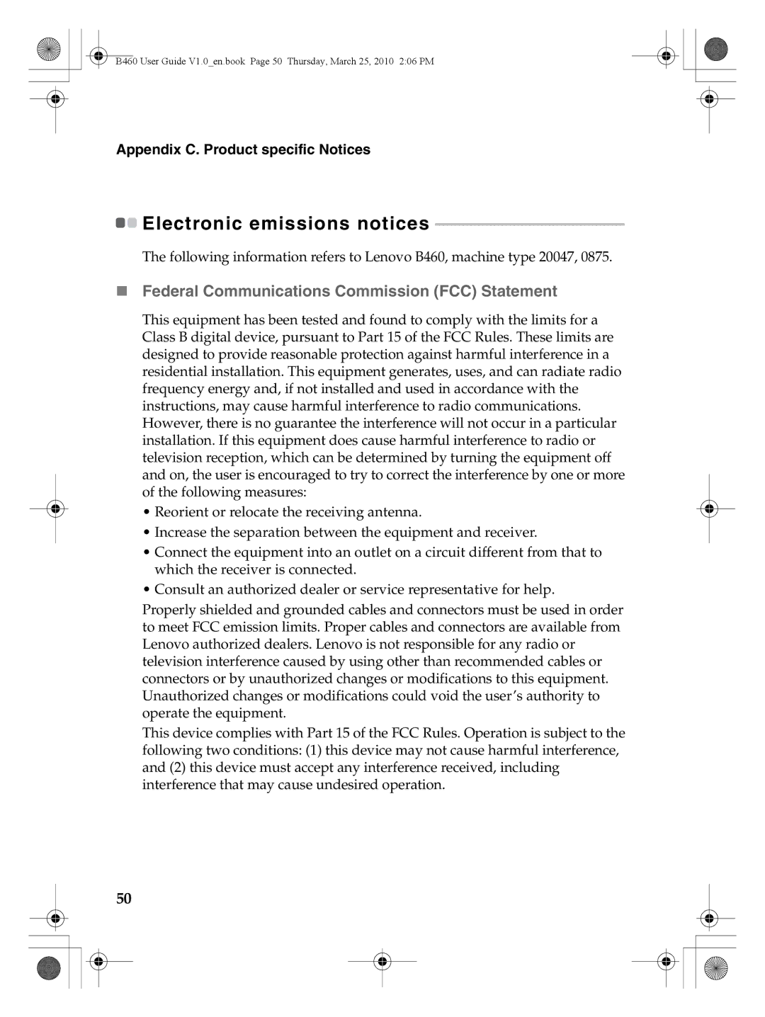 Lenovo B460 manual Electronic emissions notices, „ Federal Communications Commission FCC Statement 