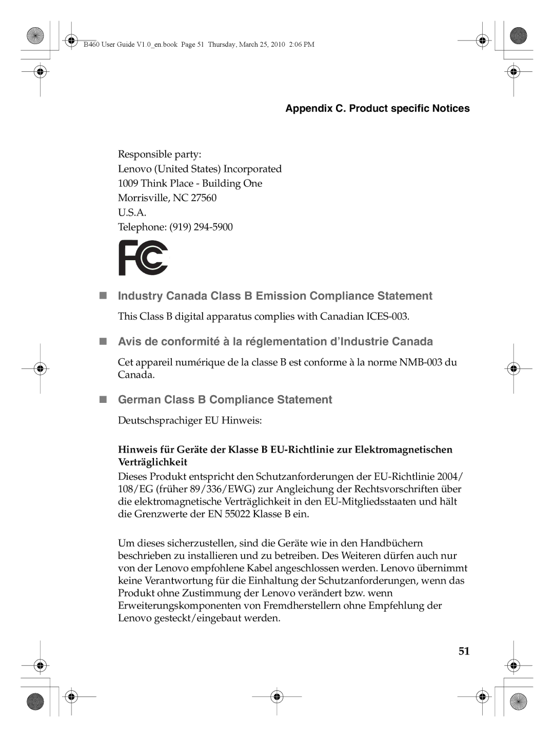 Lenovo B460 manual „ Industry Canada Class B Emission Compliance Statement, „ German Class B Compliance Statement 