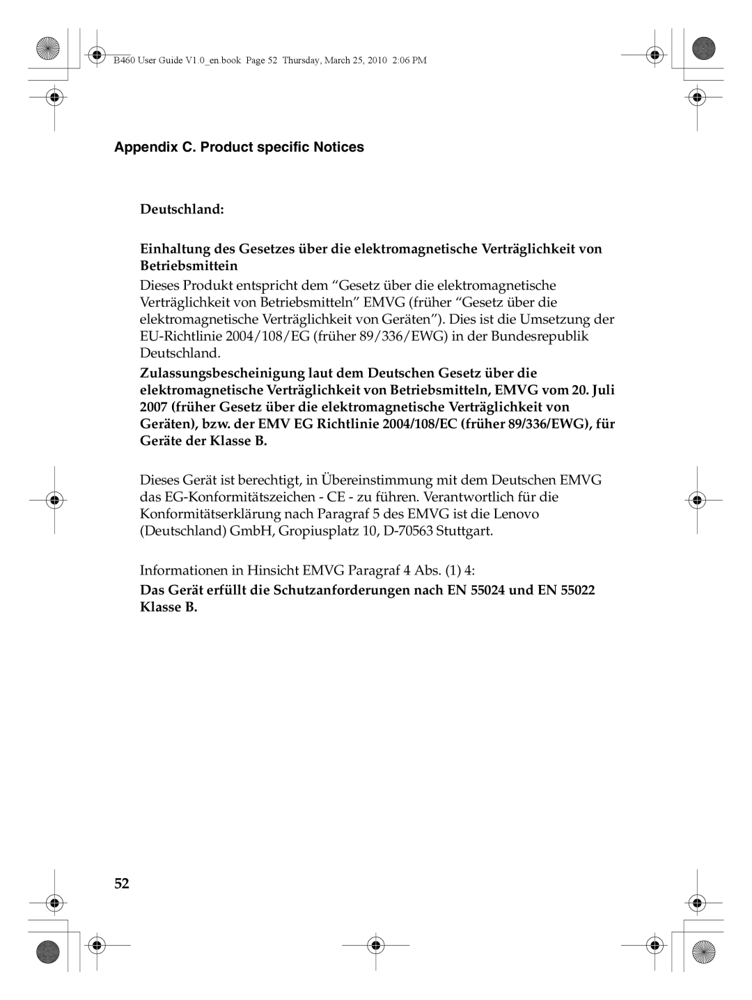 Lenovo B460 manual Appendix C. Product specific Notices 