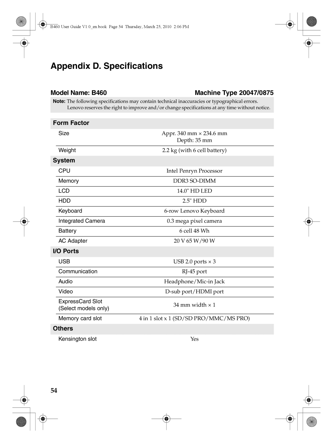 Lenovo manual Appendix D. Specifications, Model Name B460 