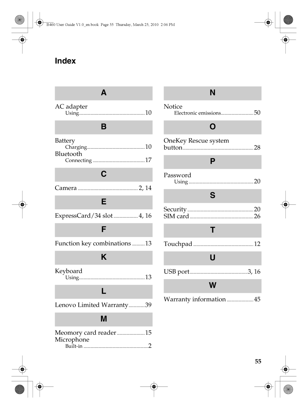 Lenovo B460 manual Index, Password 