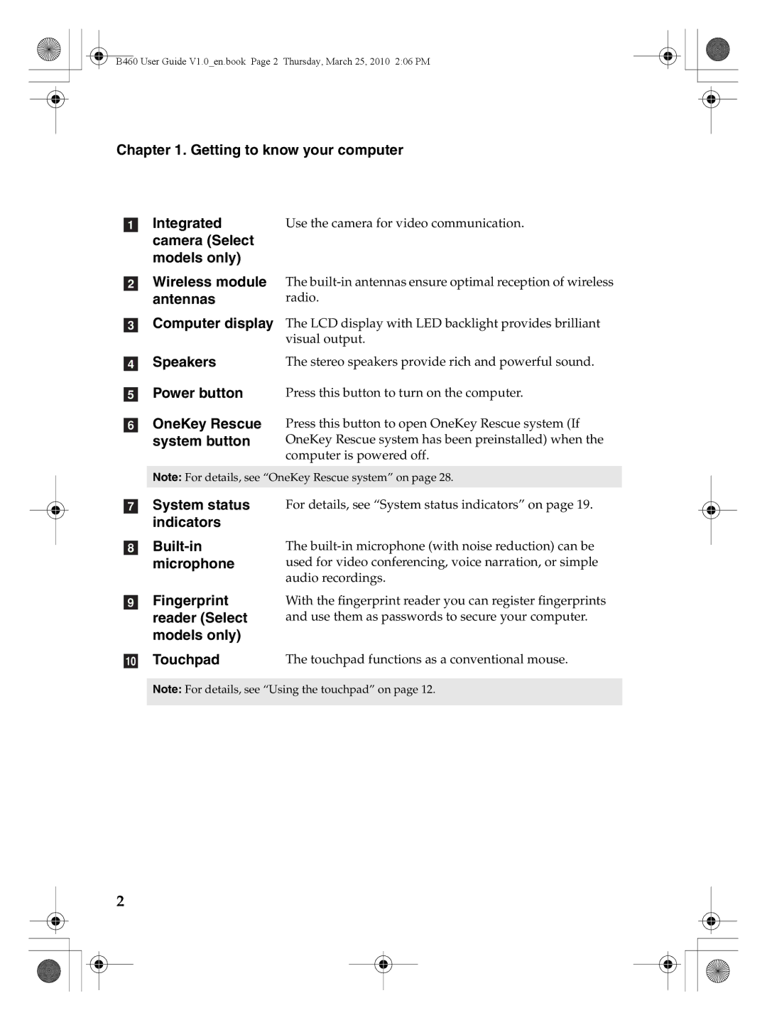 Lenovo B460 manual Getting to know your computer Integrated, Speakers Power button OneKey Rescue system button 