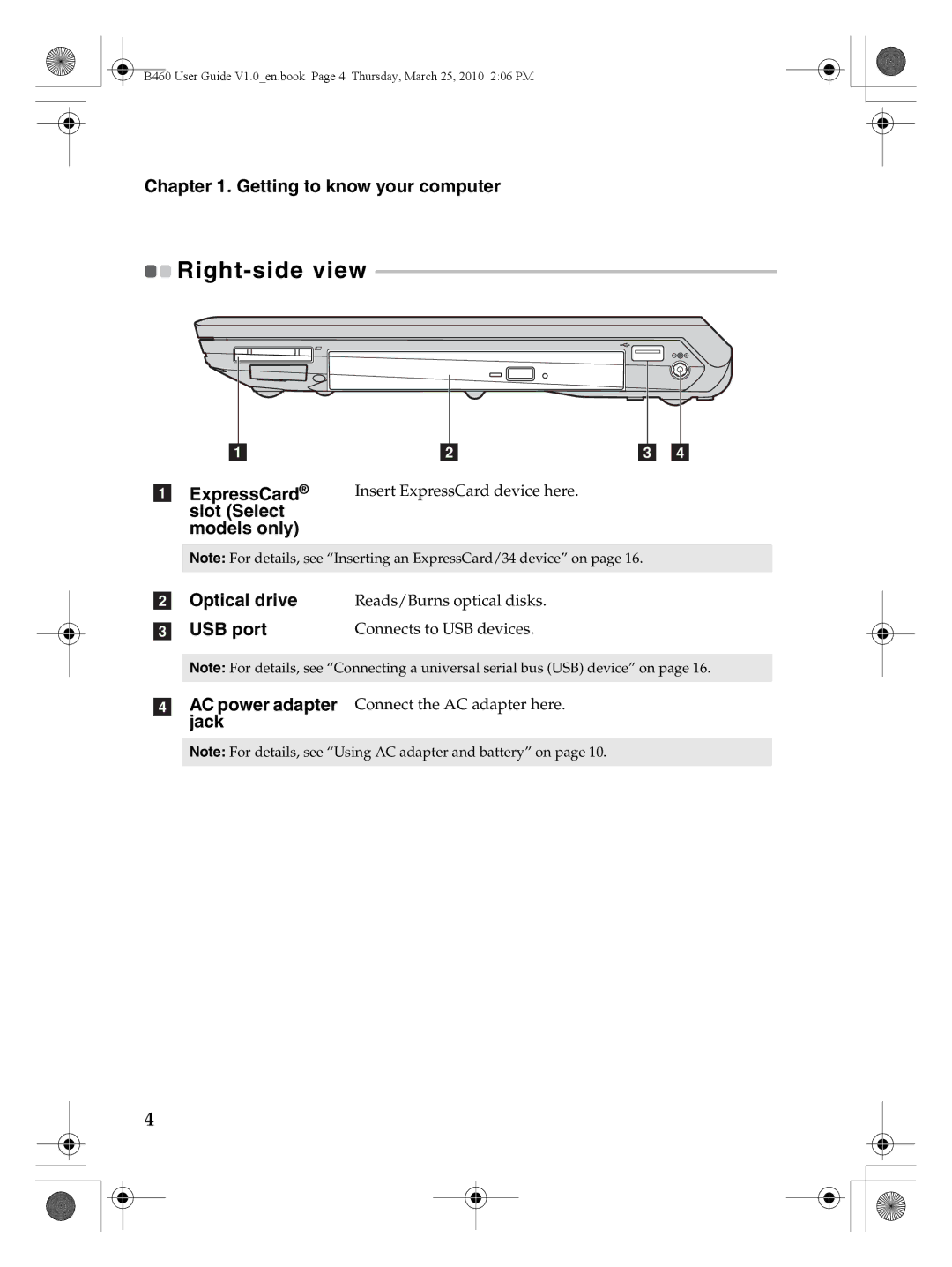 Lenovo B460 manual Right-side view, ExpressCard, Slot Select Models only Optical drive, USB port 