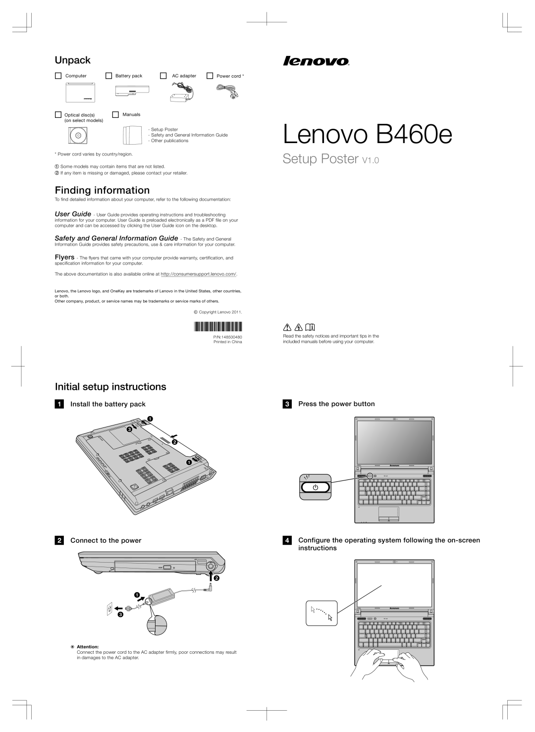 Lenovo B460E warranty Unpack, Finding information, Initial setup instructions, Install the battery pack, Lenovo B460e 