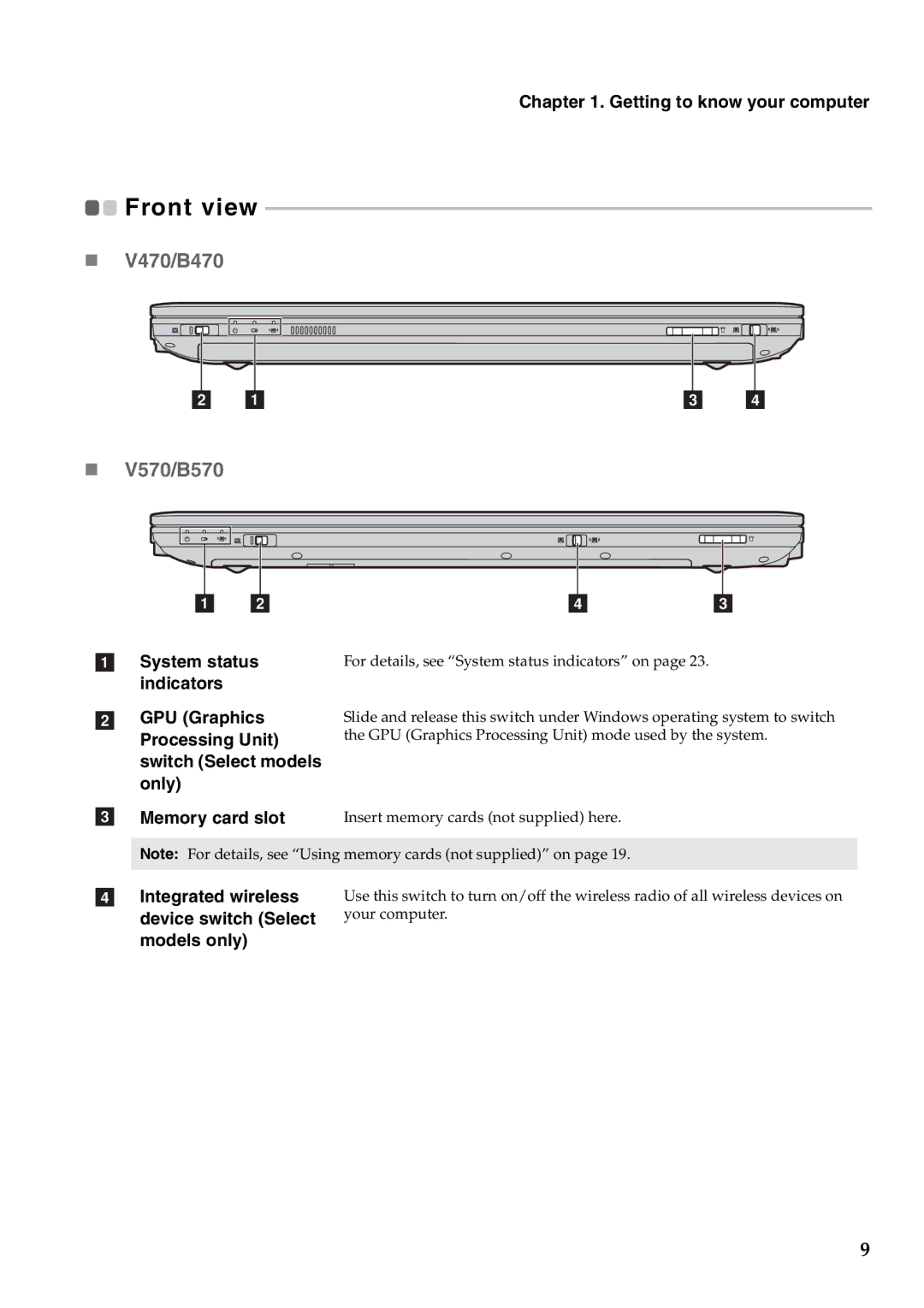 Lenovo V470 GPU Graphics Processing Unit switch Select models only, Memory card slot, Device switch Select your computer 