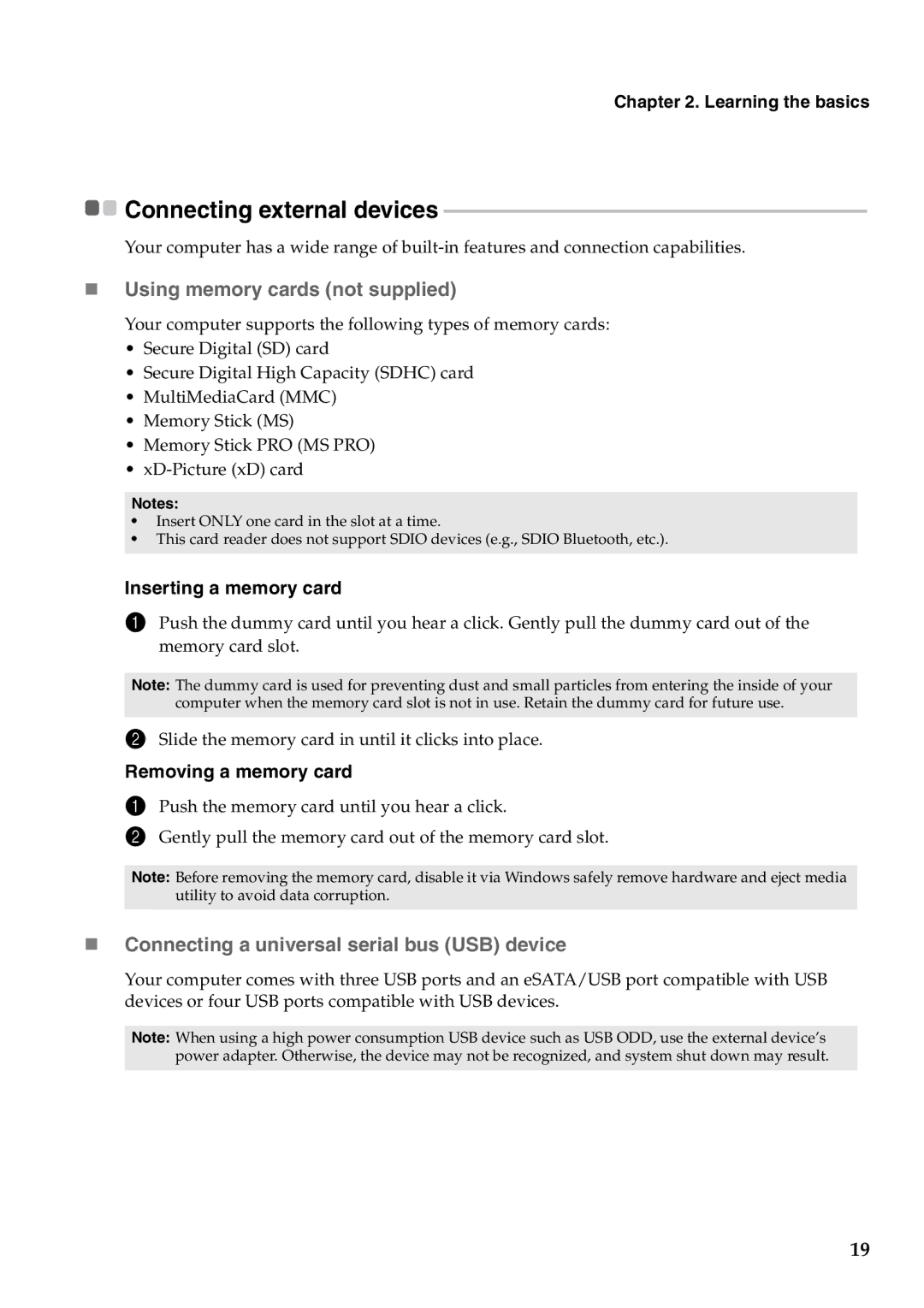 Lenovo V470 „ Using memory cards not supplied, „ Connecting a universal serial bus USB device, Inserting a memory card 