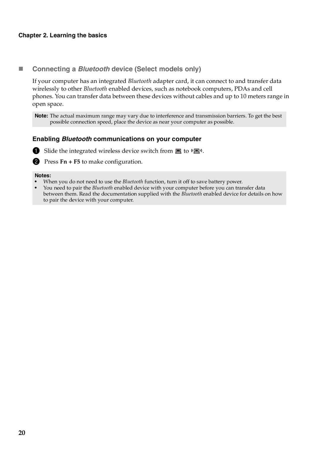 Lenovo B470, V470 „ Connecting a Bluetooth device Select models only, Enabling Bluetooth communications on your computer 