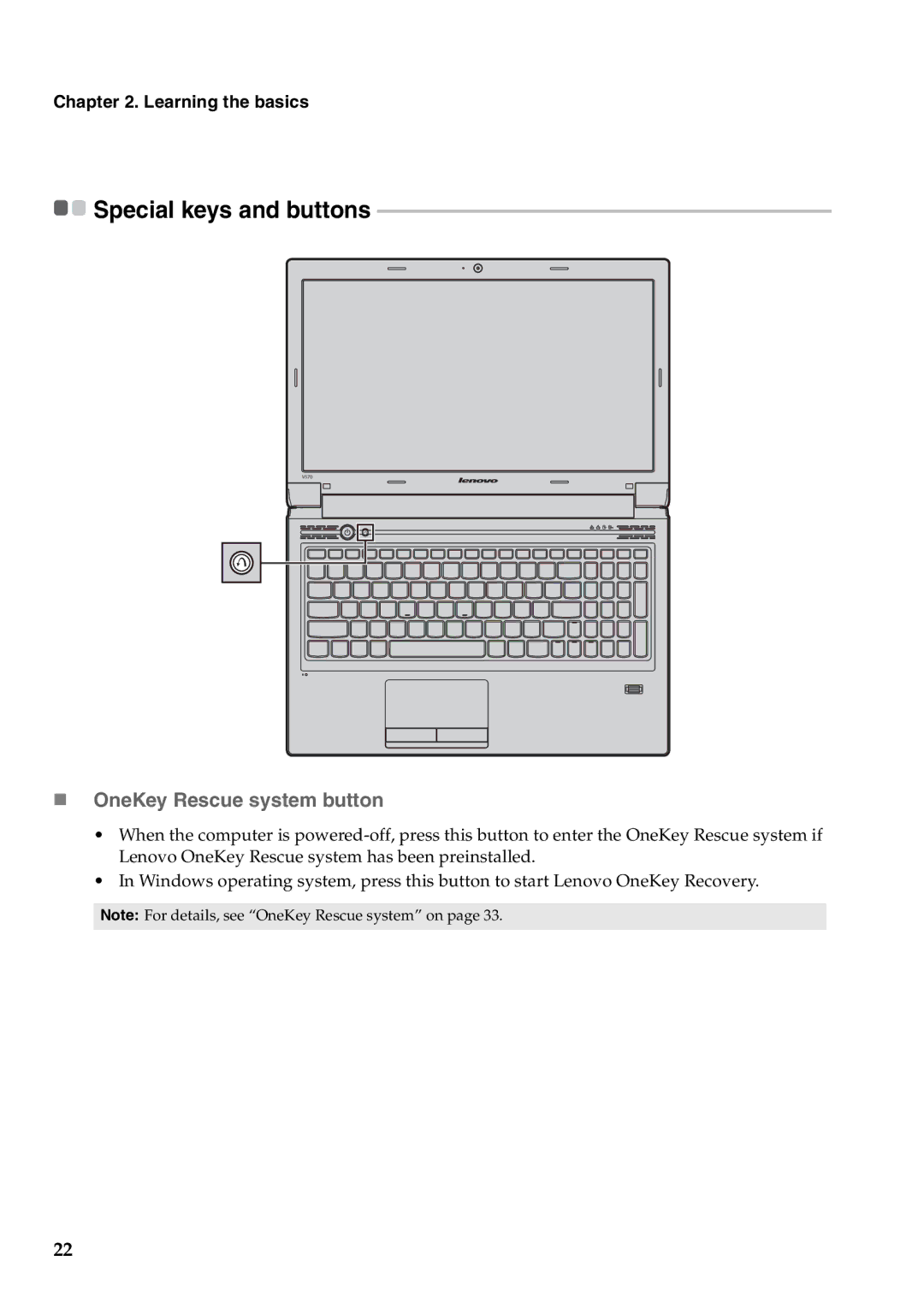 Lenovo B470, V470 manual Special keys and buttons, „ OneKey Rescue system button 