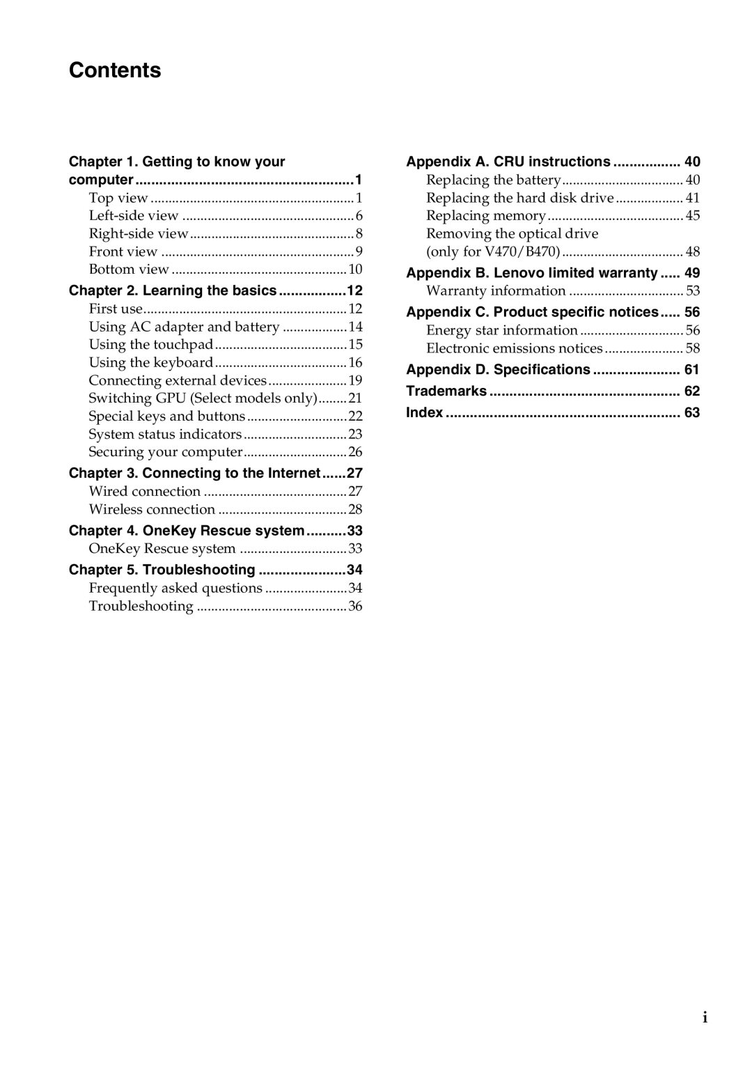 Lenovo V470, B470 manual Contents 