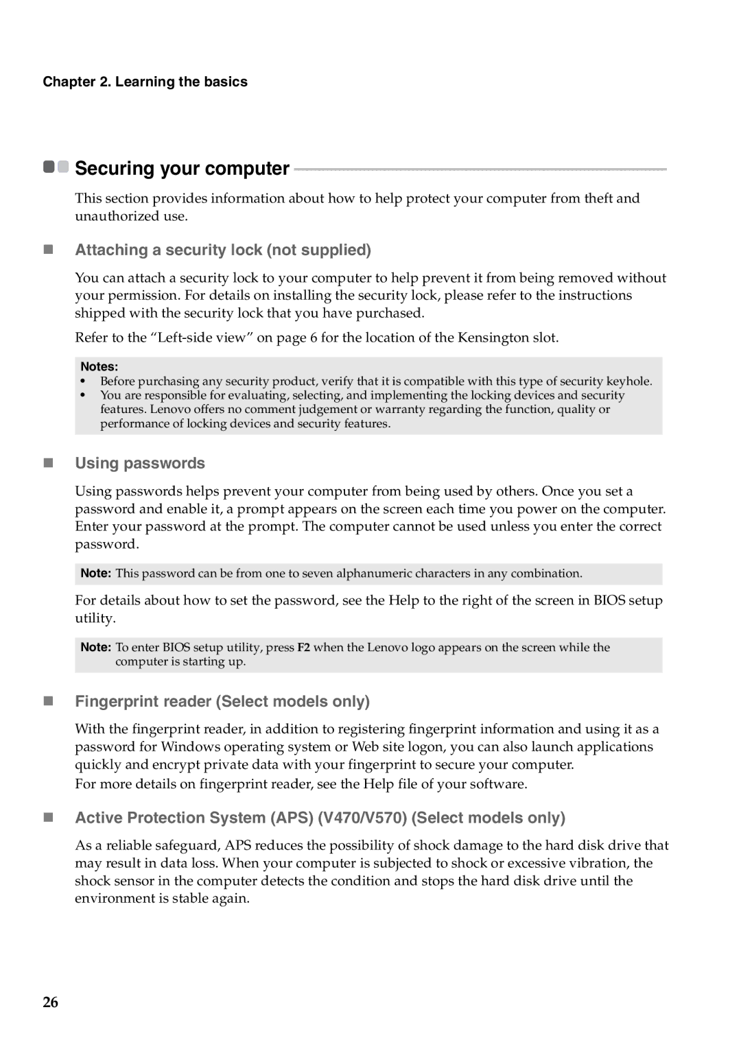 Lenovo B470, V470 „ Attaching a security lock not supplied, „ Using passwords, „ Fingerprint reader Select models only 