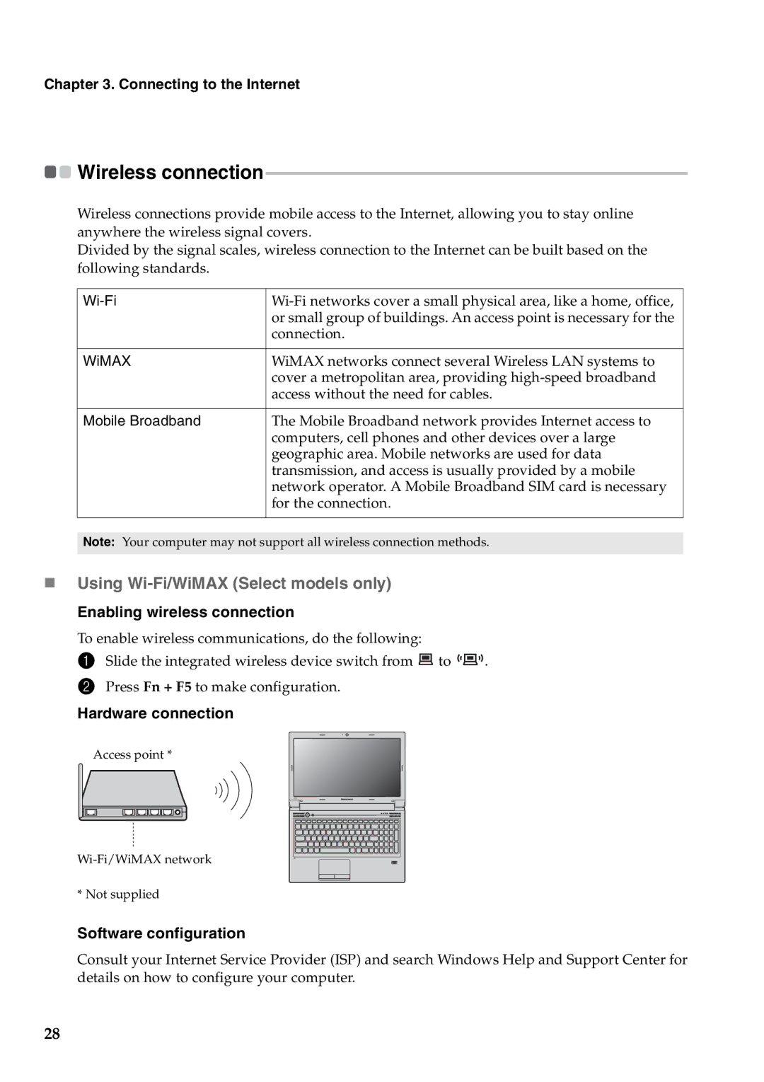 Lenovo B470, V470 manual „ Using Wi-Fi/WiMAX Select models only, Connecting to the Internet, Enabling wireless connection 