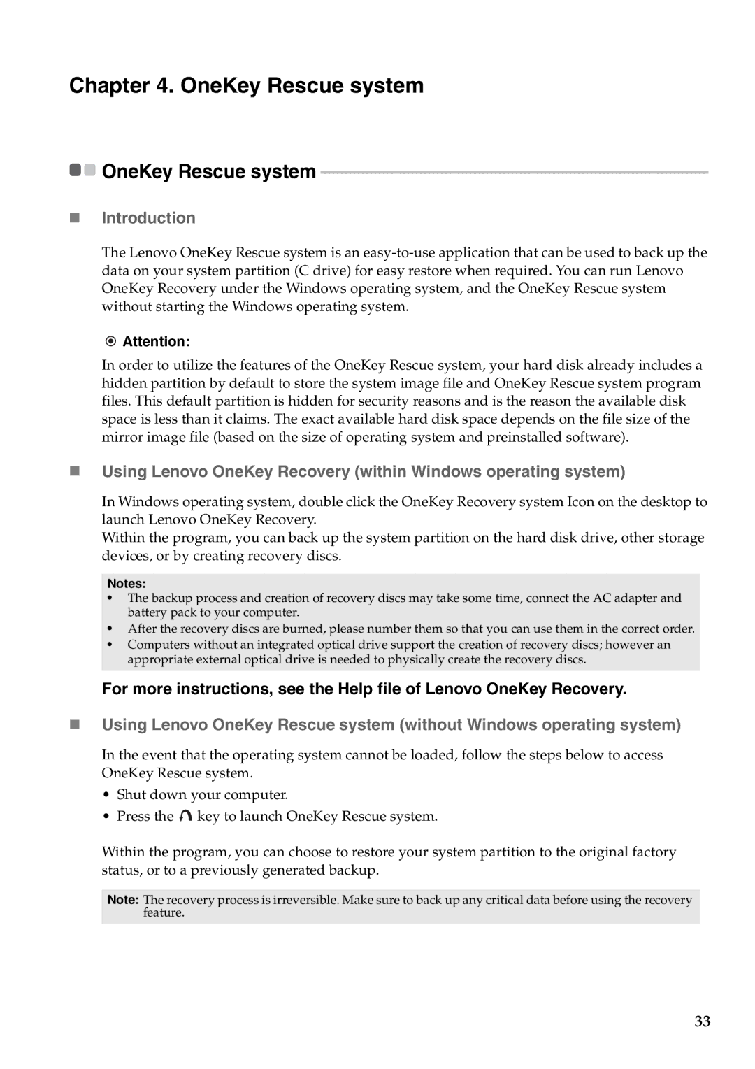 Lenovo V470, B470 manual OneKey Rescue system, „ Introduction 