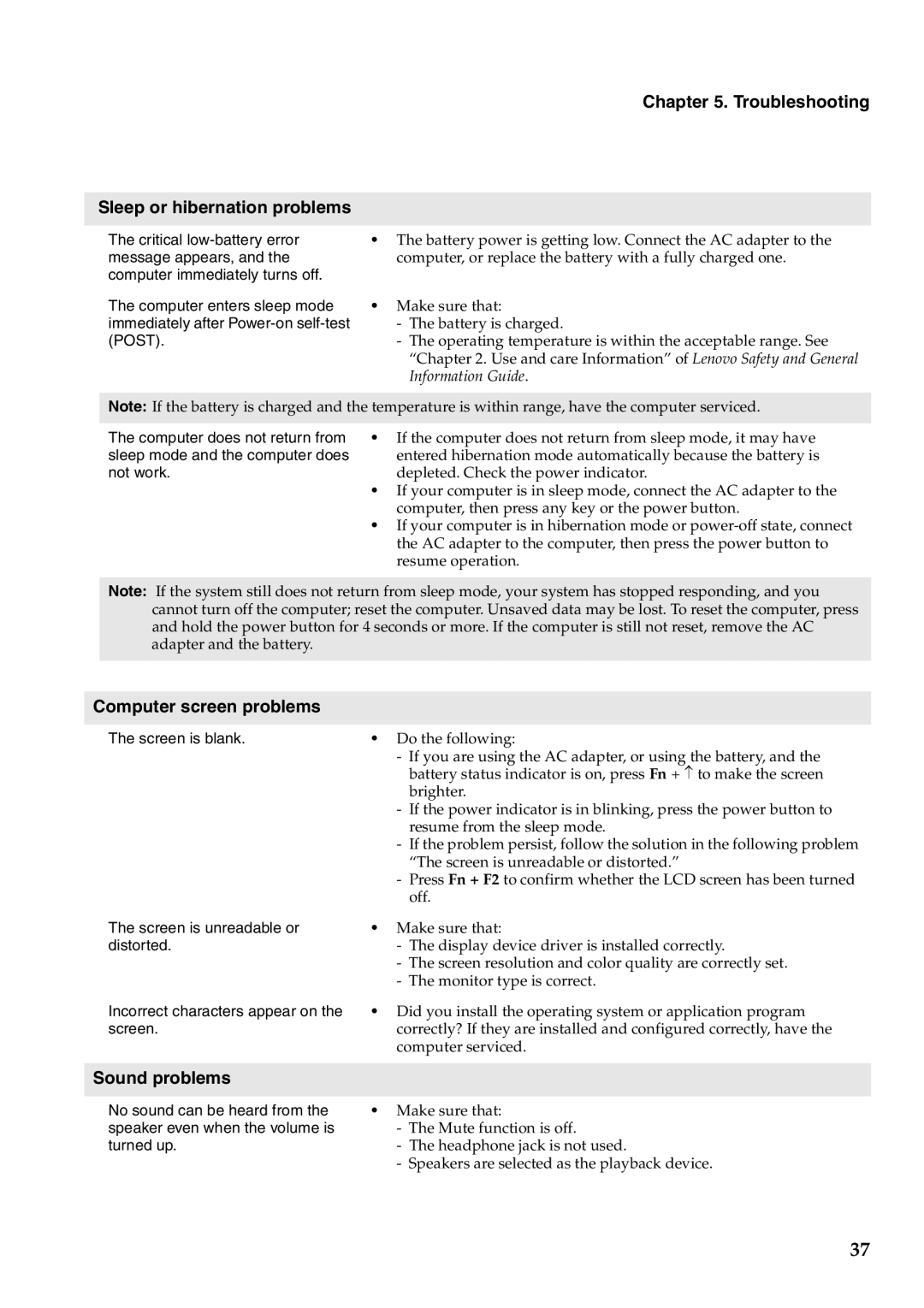 Lenovo V470, B470 manual Troubleshooting Sleep or hibernation problems, Computer screen problems, Sound problems 