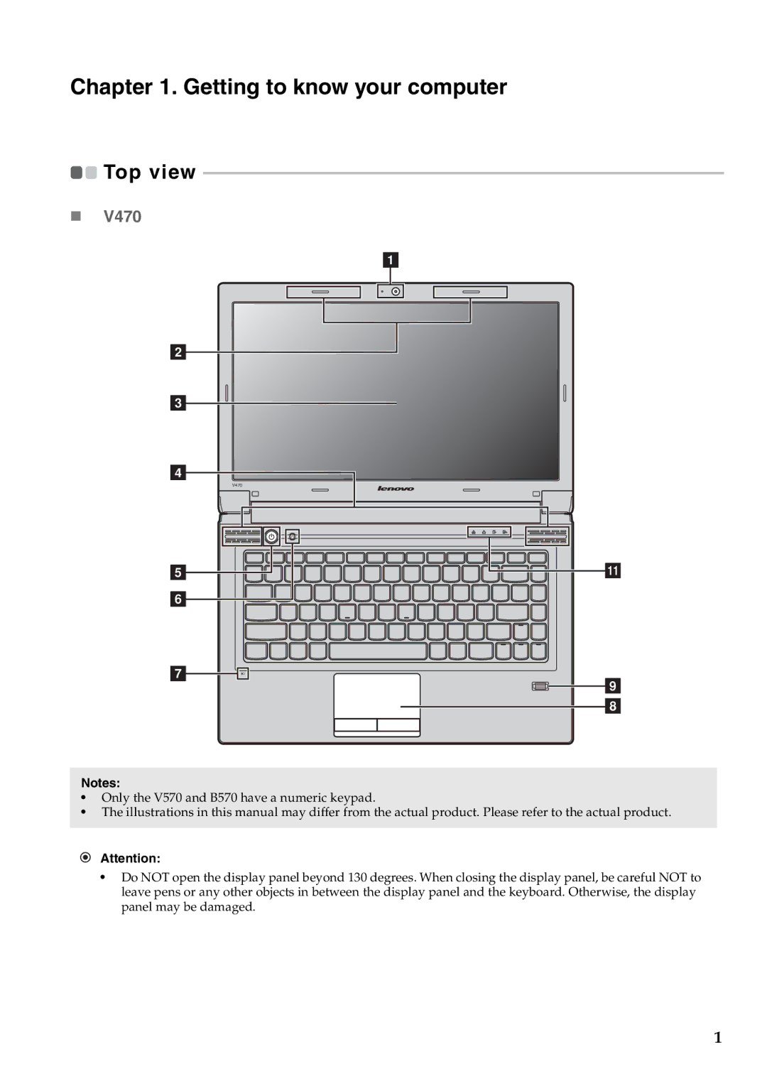 Lenovo V470, B470 manual Getting to know your computer, Top view 