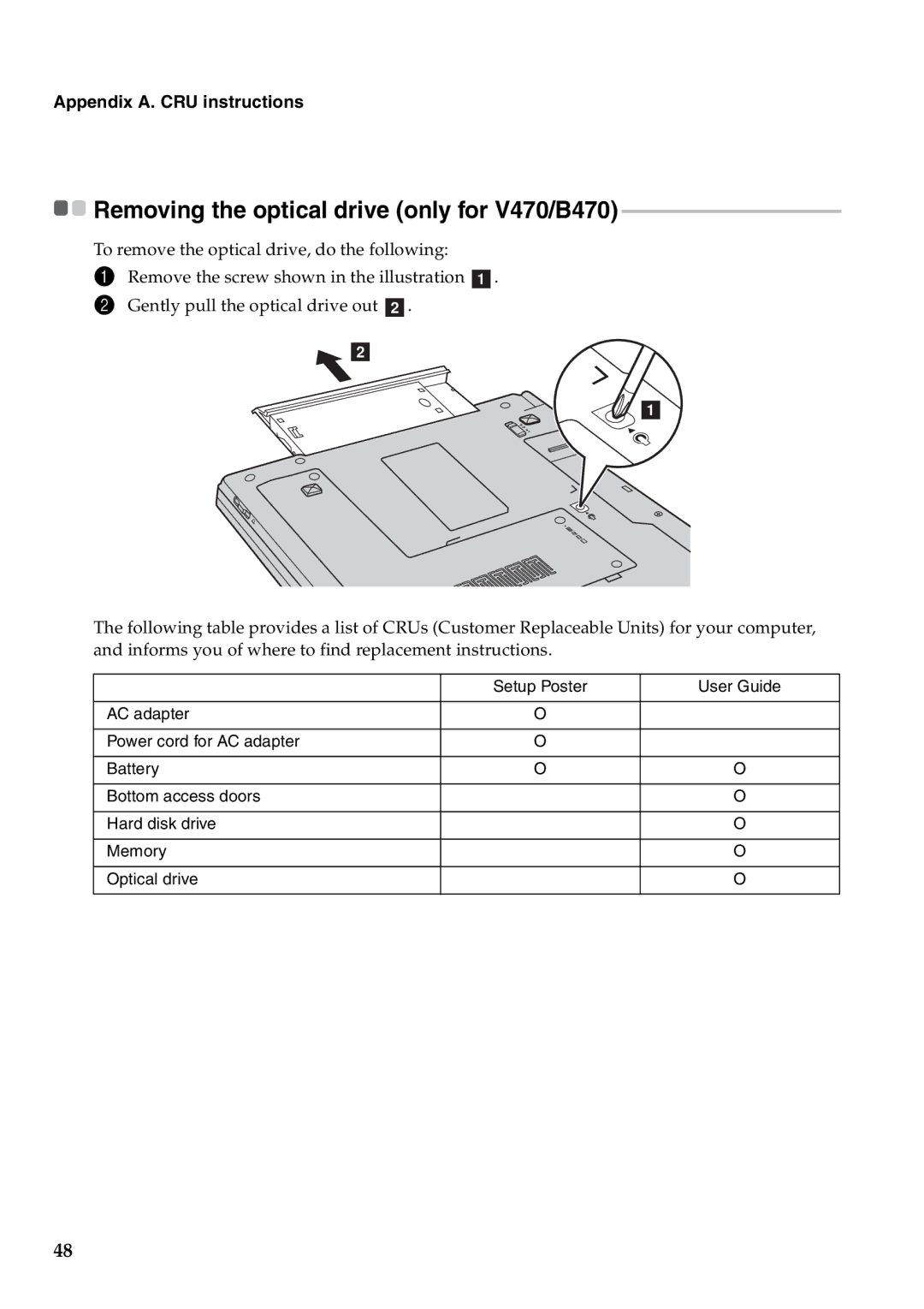 Lenovo manual Removing the optical drive only for V470/B470 