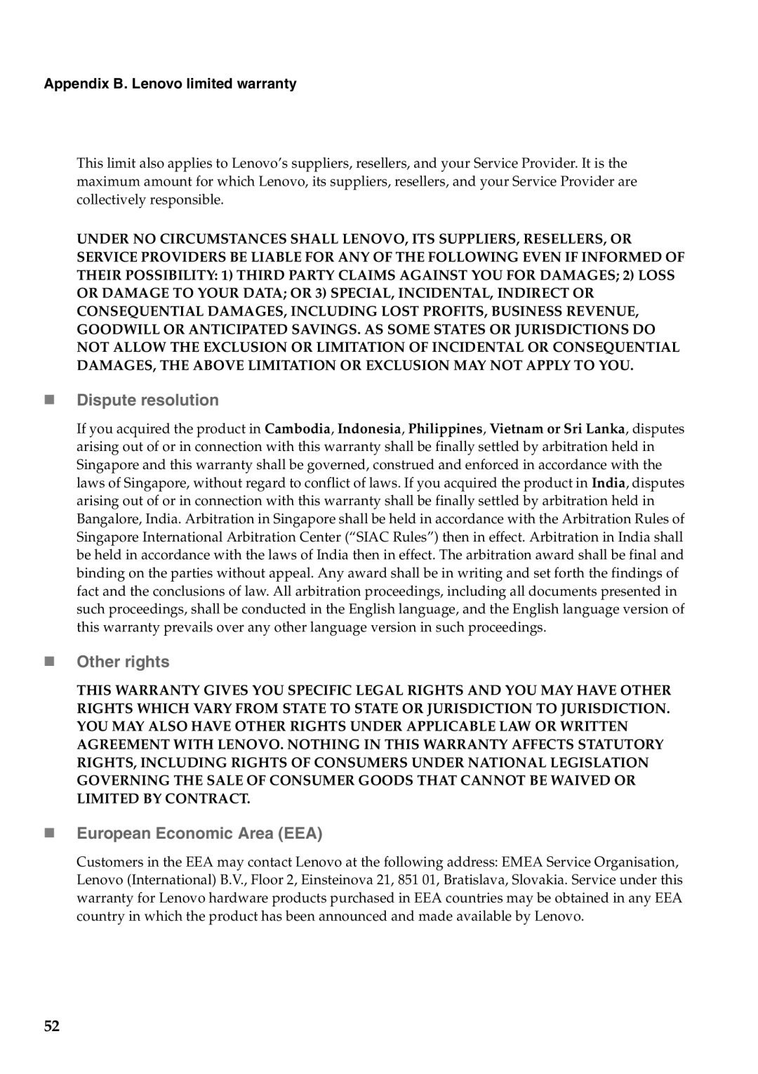 Lenovo B470, V470 manual „ Dispute resolution, „ Other rights, „ European Economic Area EEA 