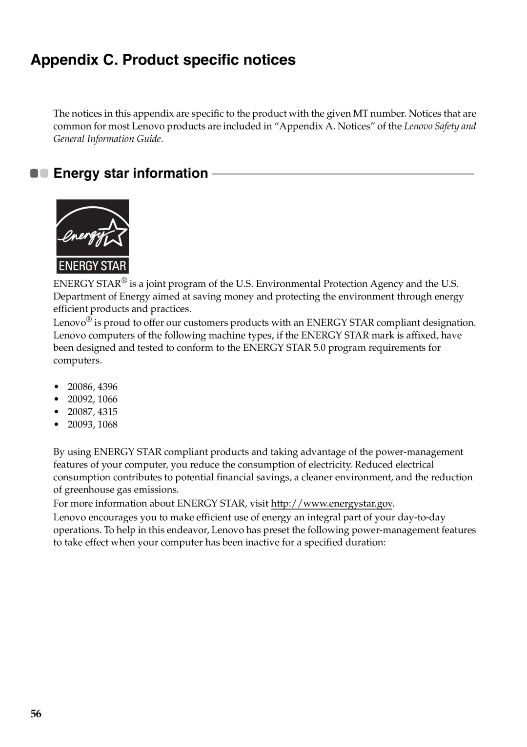 Lenovo B470, V470 manual Appendix C. Product specific notices, Energy star information 