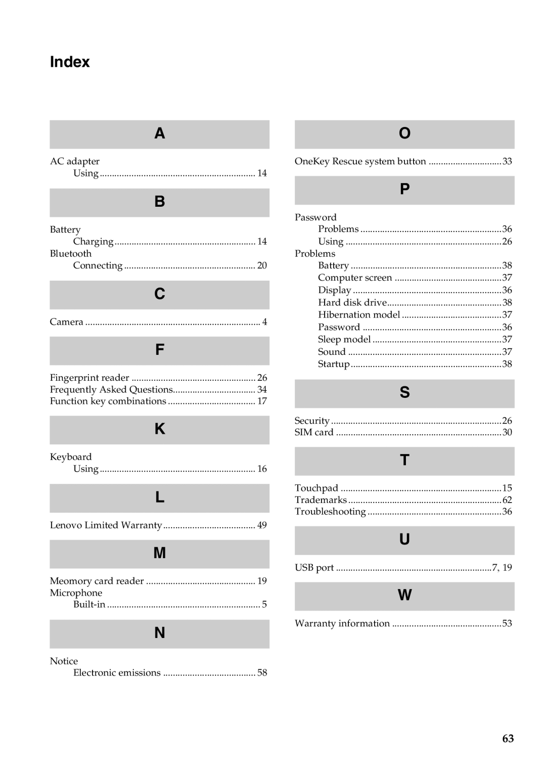 Lenovo V470, B470 manual Index, Problems 