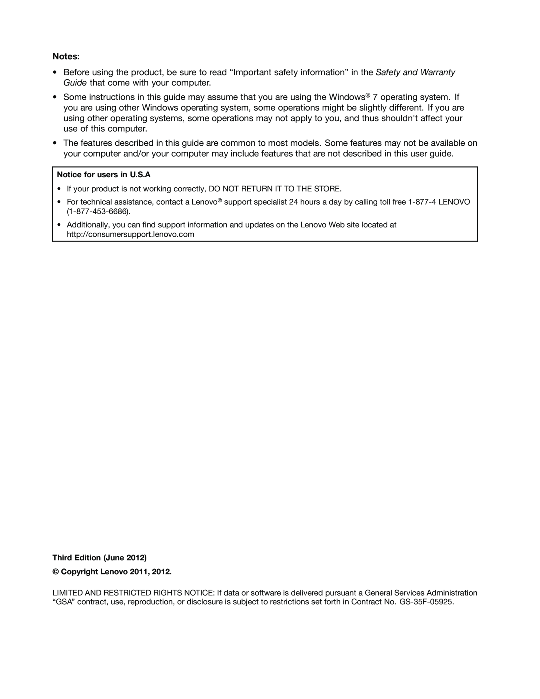 Lenovo B470E manual Notice for users in U.S.A, Third Edition June Copyright Lenovo 